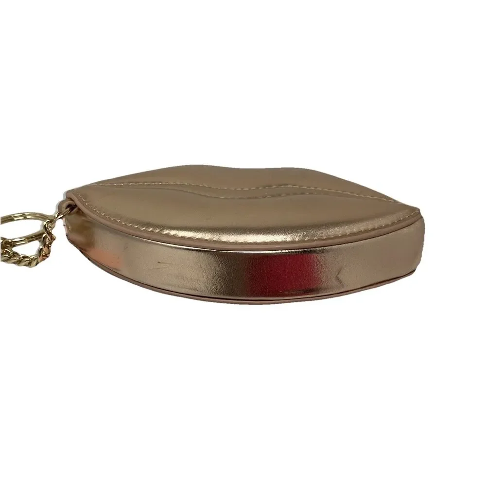 Victoria’s Secret Pucker Lip Shaped Coin Purse Keychain Gold Metallic Zip Pouch - Picture 3 of 7